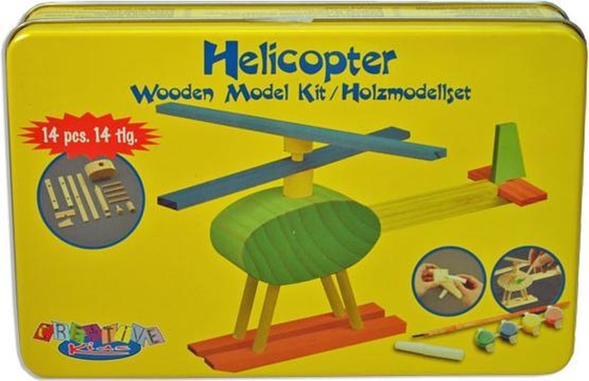 Zelfbouwmodel helicopter in blik