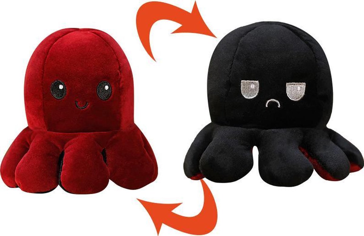 Kawaii Octopus Knuffel Plush - 15CM Omkeerbaar Zwart Rood - Blij / boos - Schattig Emotie knuffeltje