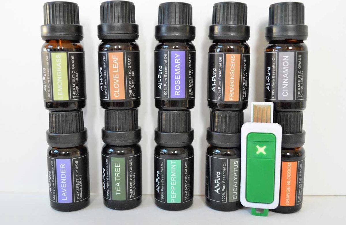 Etherische olie All-Pura 10x10ml set | Incl. AromaGO essentiele olie stick