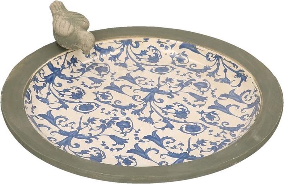 Esschert Design Keramiek Vogelbad Met Print - Grijs/ Blauw - 33