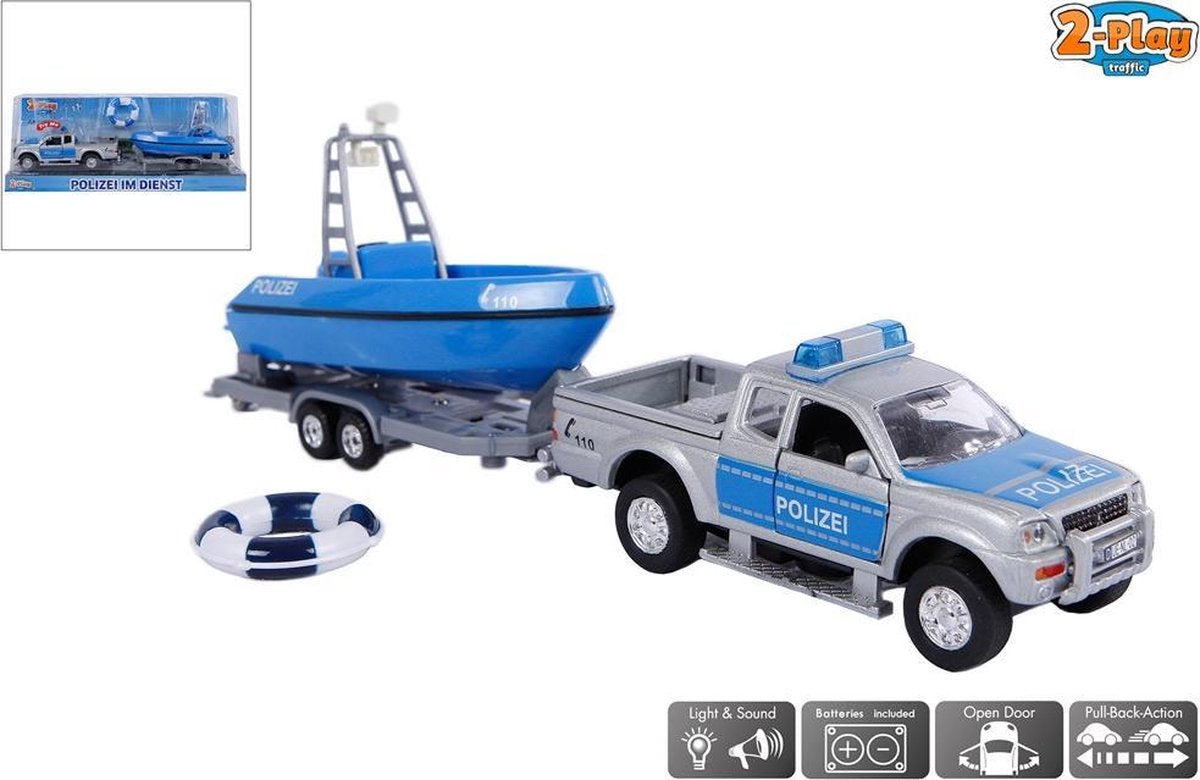 Duitse Politie Pull-Back Auto met Boot + Licht & Geluid