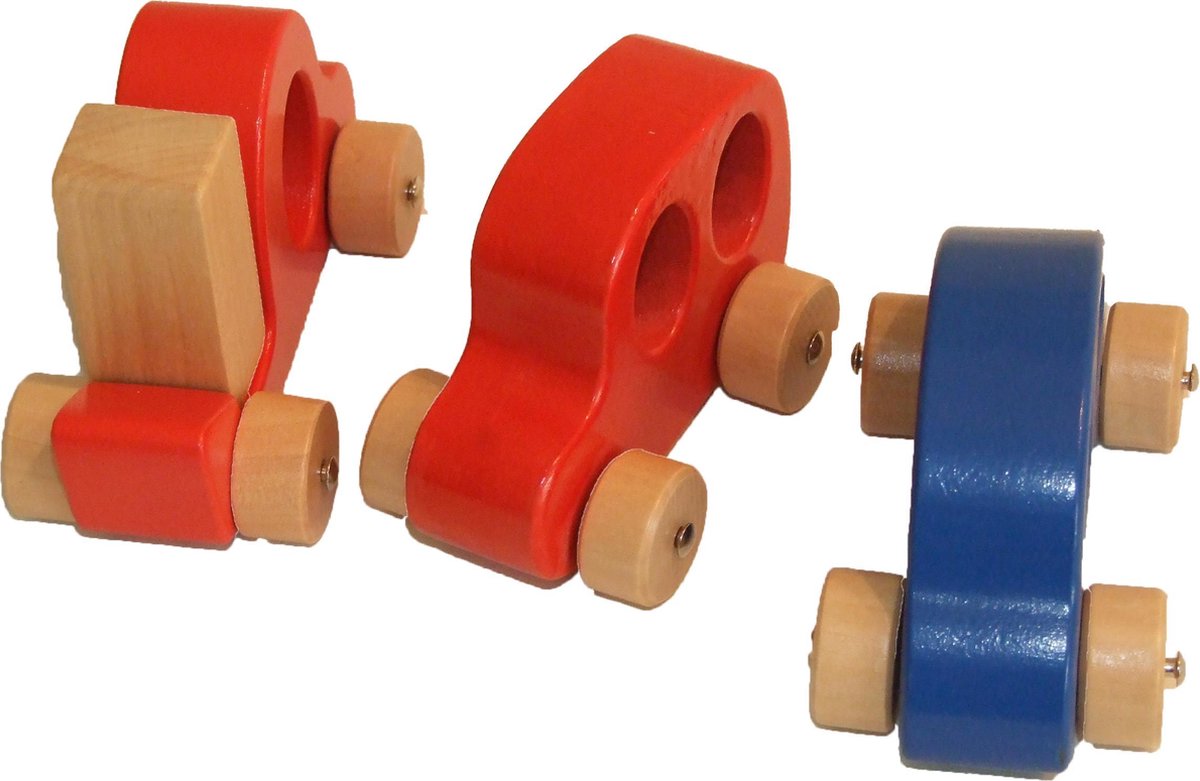 set van 3 Houten grijpauto rood  en blauw