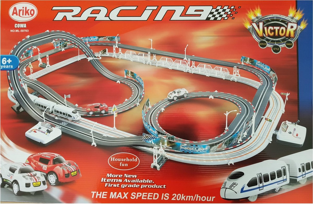 2-in-1 XL Auto Racebaan & Treinbaan Set - Baanset - Race Cars / Raceauto Baan - Elektrische Power Racebaan Spoorbaan - 6.3M