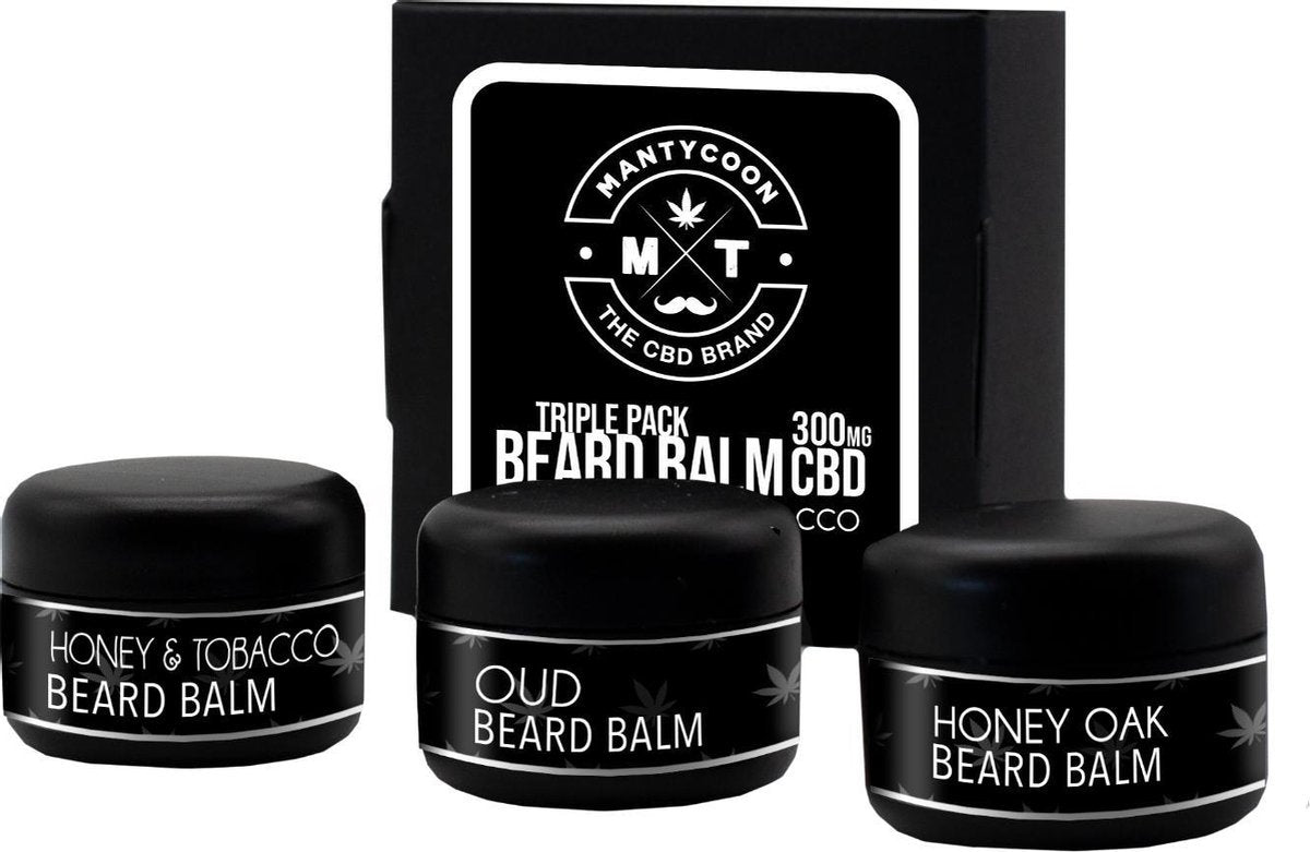 Unieke baardbalsem 3 stuks met CBD. Speciale gift-set. Heerlijke geuren: Honing/Eik