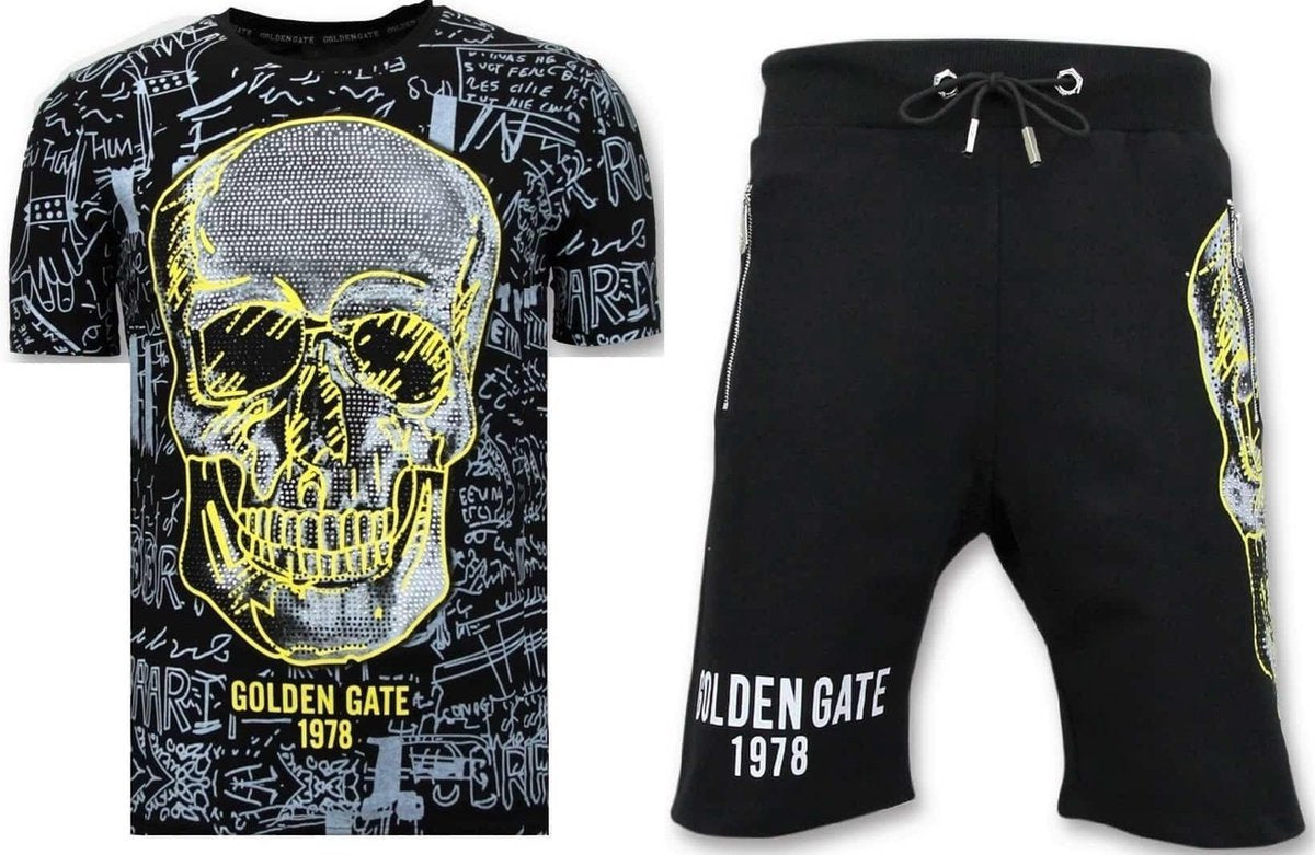 ENOS Joggingpak Kort - Doodskop Neon Print - F7356/7 - Zwart - Maat: S