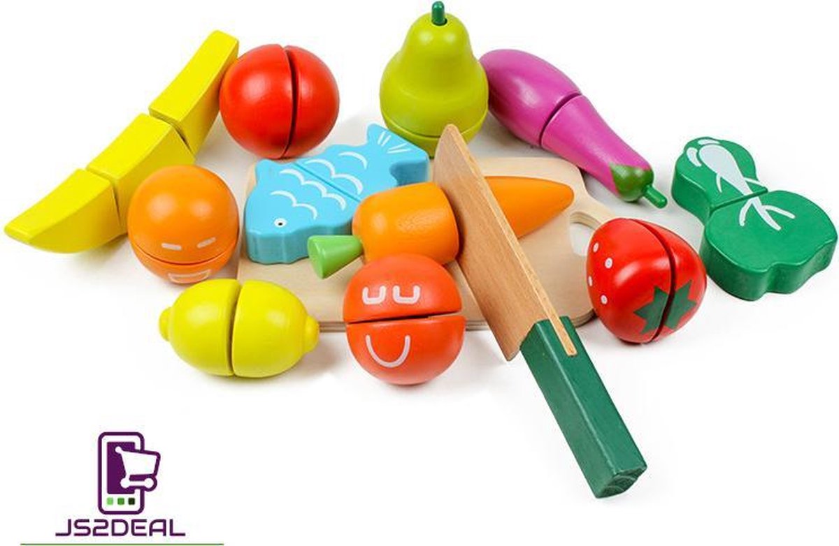 Leerzaam houten speelgoed - leren koken - houten mes en snijplank - 11 fruit/groente/voedsel stukken