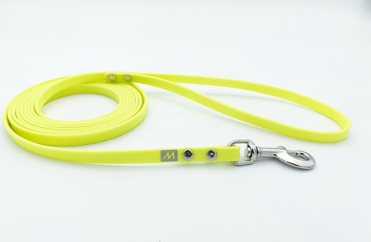 Miqdi BioThane hondenriem – neon geel – 9 mm breed - 2 meter lang - met handvat