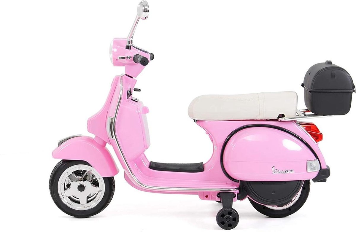 Elektrische Kinderscooter Vespa PX150 Piaggio Roze 12V met Koffer en Lederen zitting