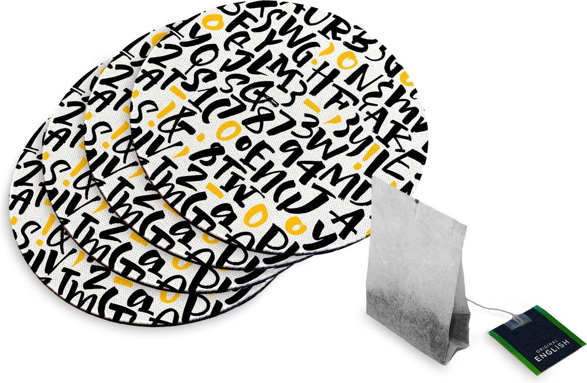 4 Rubberen Onderzetters - Design Cijfers en Letters - Rond