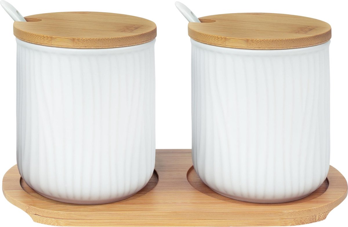 Krumble Voorraadpotten keramiek / Voorraadpotten set / Voorraad potten met deksel / Voorraadpotten / Suikerpot - Met houten plank en 3 lepels - Wit