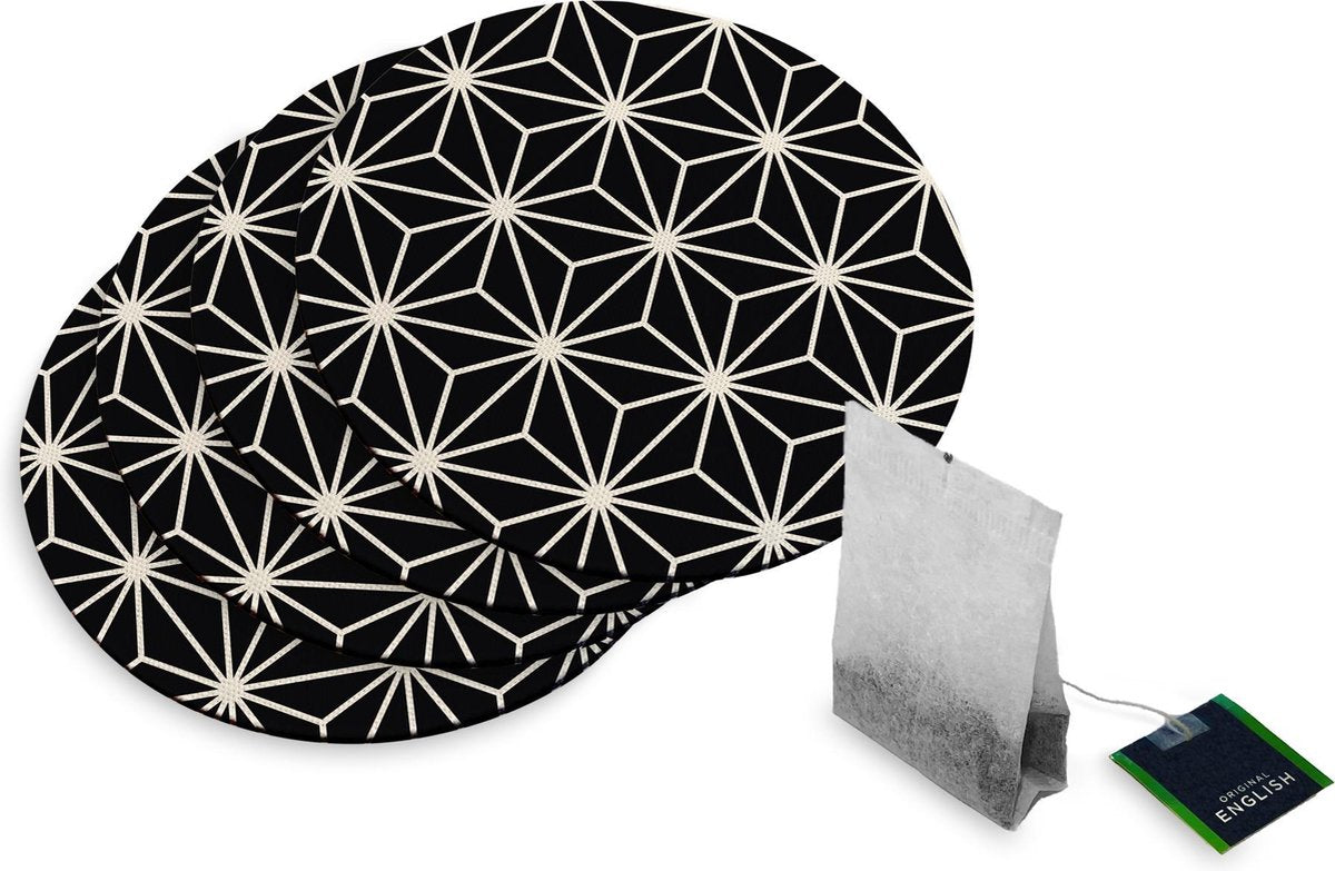 4 Rubberen Onderzetters - Design Black Geometric Stars - Rond