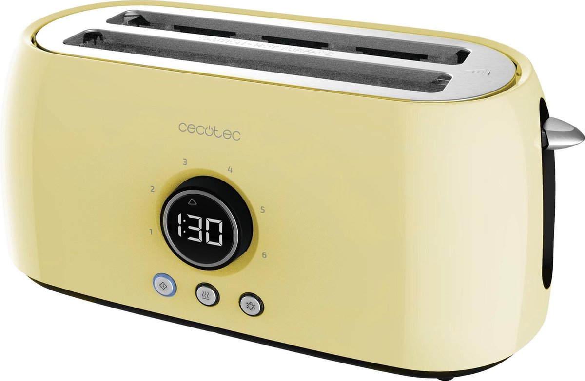 Cecotec Retro Broodrooster - Extra lang - Toaster tosti - Opwarmen en ontdooien - Opzetstuk voor broodjes - Broodroosters met kruimellade - RVS - Geel