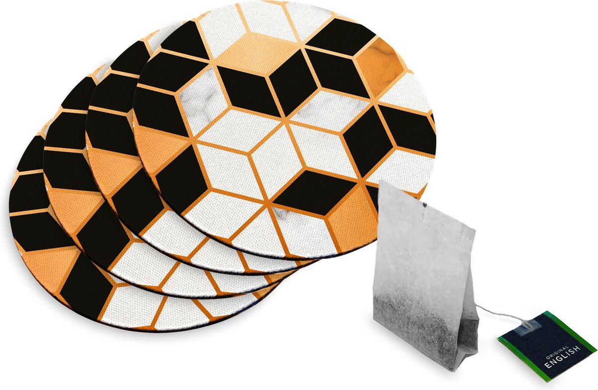 4 Rubberen Onderzetters - Design Black-white-gold Marble - Rond