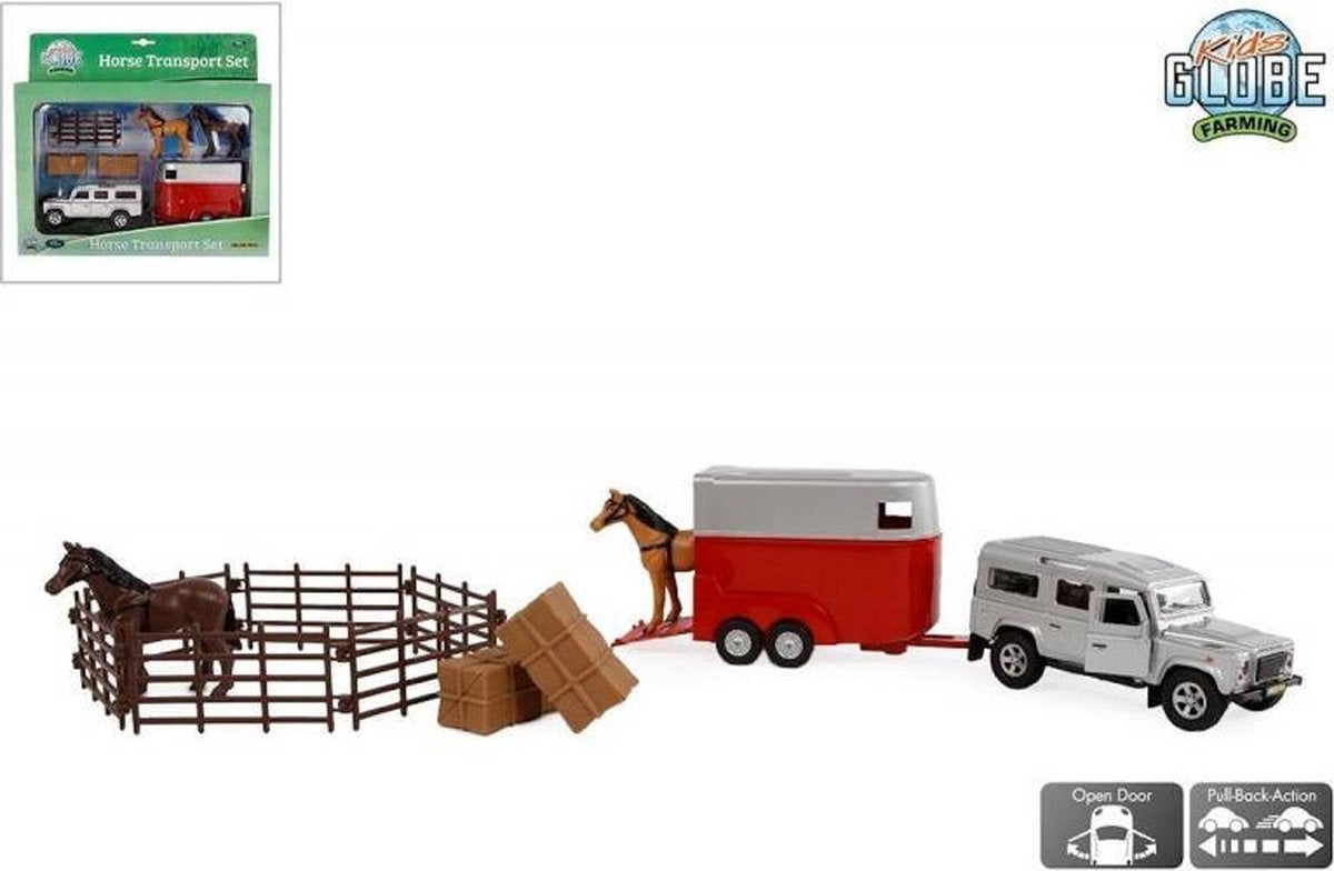 Kids Globe Auto pb Land Rover met paardentrailer en accessoires: 26 cm