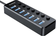 ORICO USB 3.0 hub met 7 poorten en aan/uit schakelaars - zwart