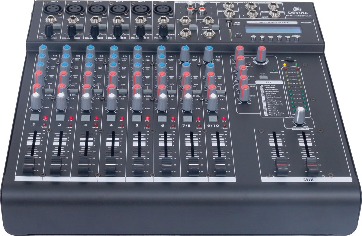 De Devine MixDesk 1002FX-MP is een 10-kanaals mixer met een goede FX-sectie en zelfs een mediaspeler ingebouwd. Hiermee kun je naast de reguliere inputs gebruik maken van USB