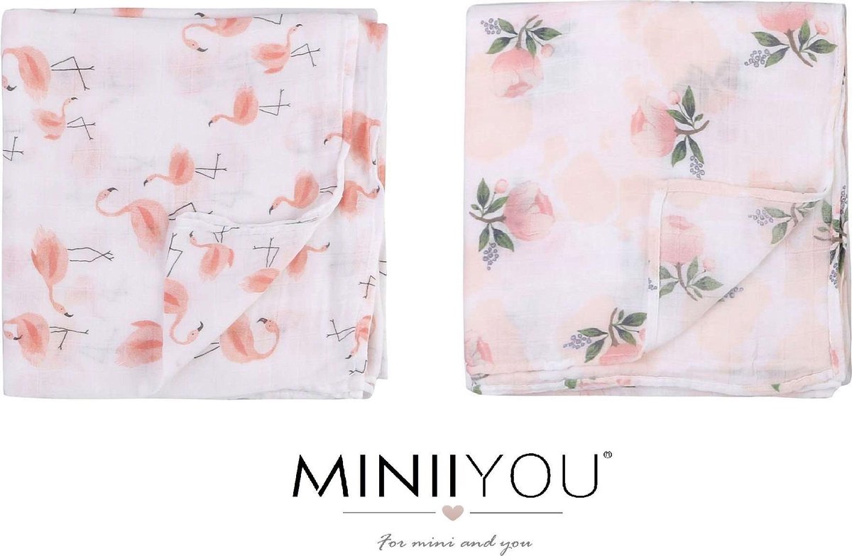 Set van 2 | Hydrofiele doek XL - 120x120 cm - Inbakerdoek - flamingo bloem roos - Swaddle doek groot - Hydrofiele luier -
