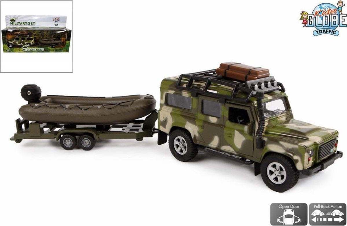 Auto pb Kids Globe Land Rover en aanhanger met boot military: 27 cm