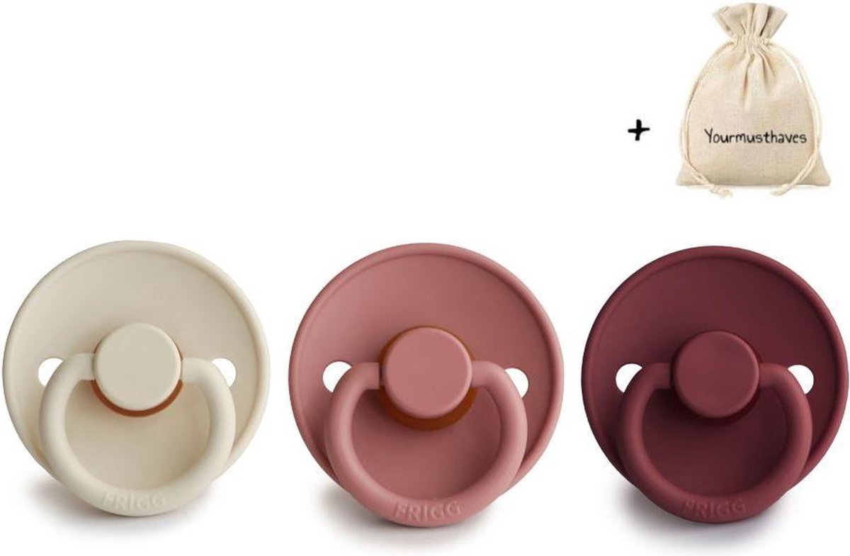 FRIGG | Fopspeen set 3 stuks | T1 | 0-6 maanden | Classic | Natuurrubber | Cream + Powder Blush + Cabernet | Met YOURMUSTHAVES speenzakje