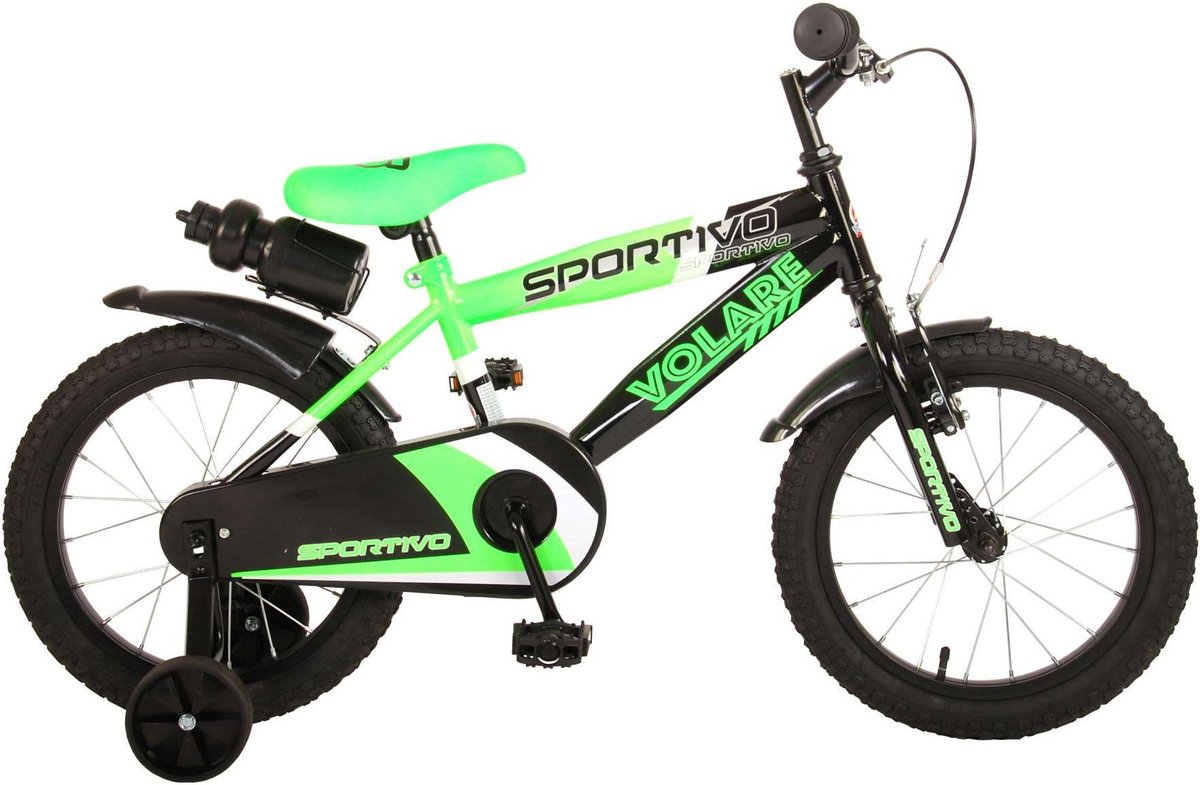 Volare Sportivo Kinderfiets - Jongens - 16 inch - Neon Groen Zwart - 95% afgemonteerd