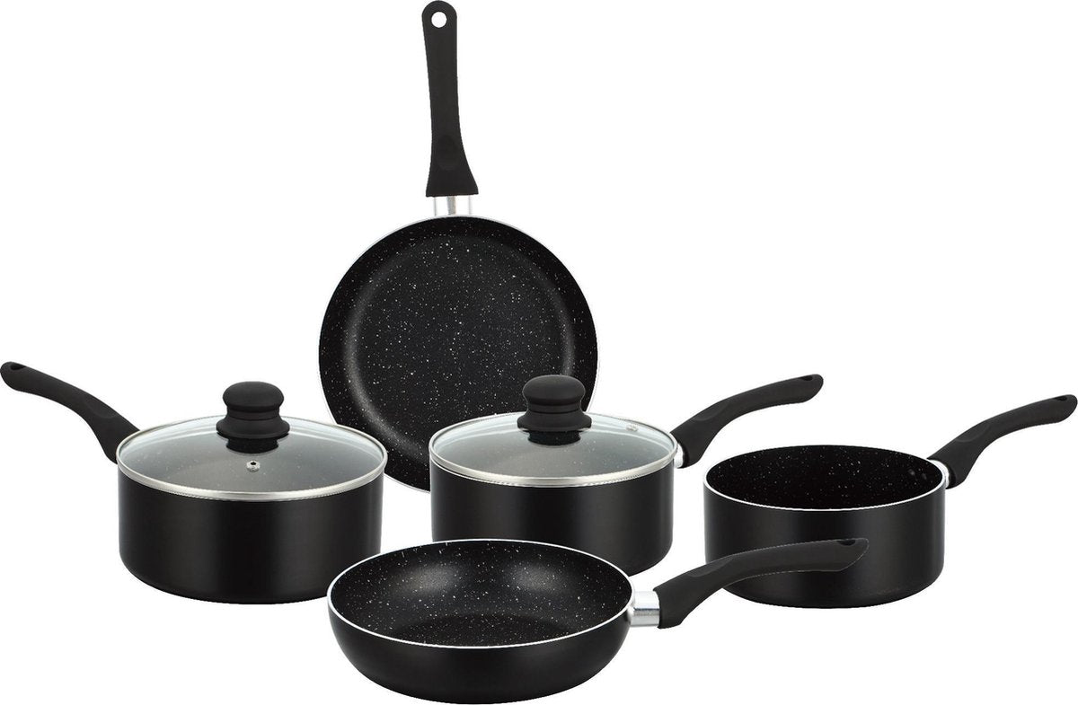 Herzberg - Set Lot 7-delige Pannenset inductie - Steencoating - Pannensets - Glazen deksel - Geschikt voor oven - PFAS-vrij - Zwart - HG-1020