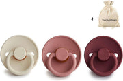 FRIGG | Fopspeen set 3 stuks | T1 | 0-6 maanden | Classic | Silicone | Cream + Powder Blush + Cabernet | Met YOURMUSTHAVES speenzakje