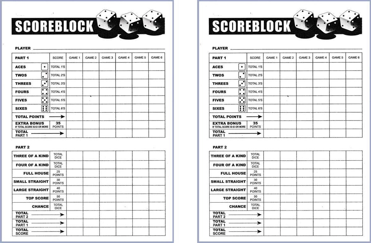 Yahtzee Scoreblok - 200 vellen | Spel voor op Reis | Scoreblock | Spelletjes | Dobbelspellen | Spelaccessoires