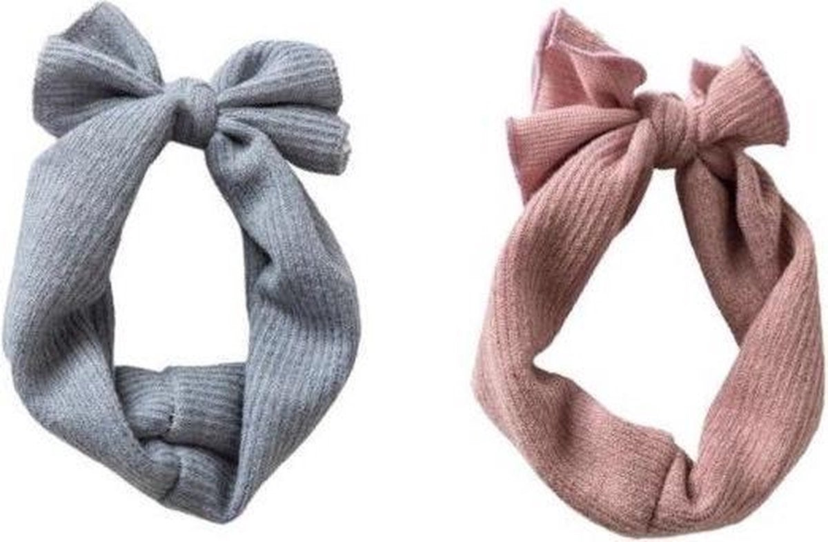 Set van 2 | blauw & roze | Gebreide meisjes baby - peuter haarbandjes met strik (6-24 mnd)