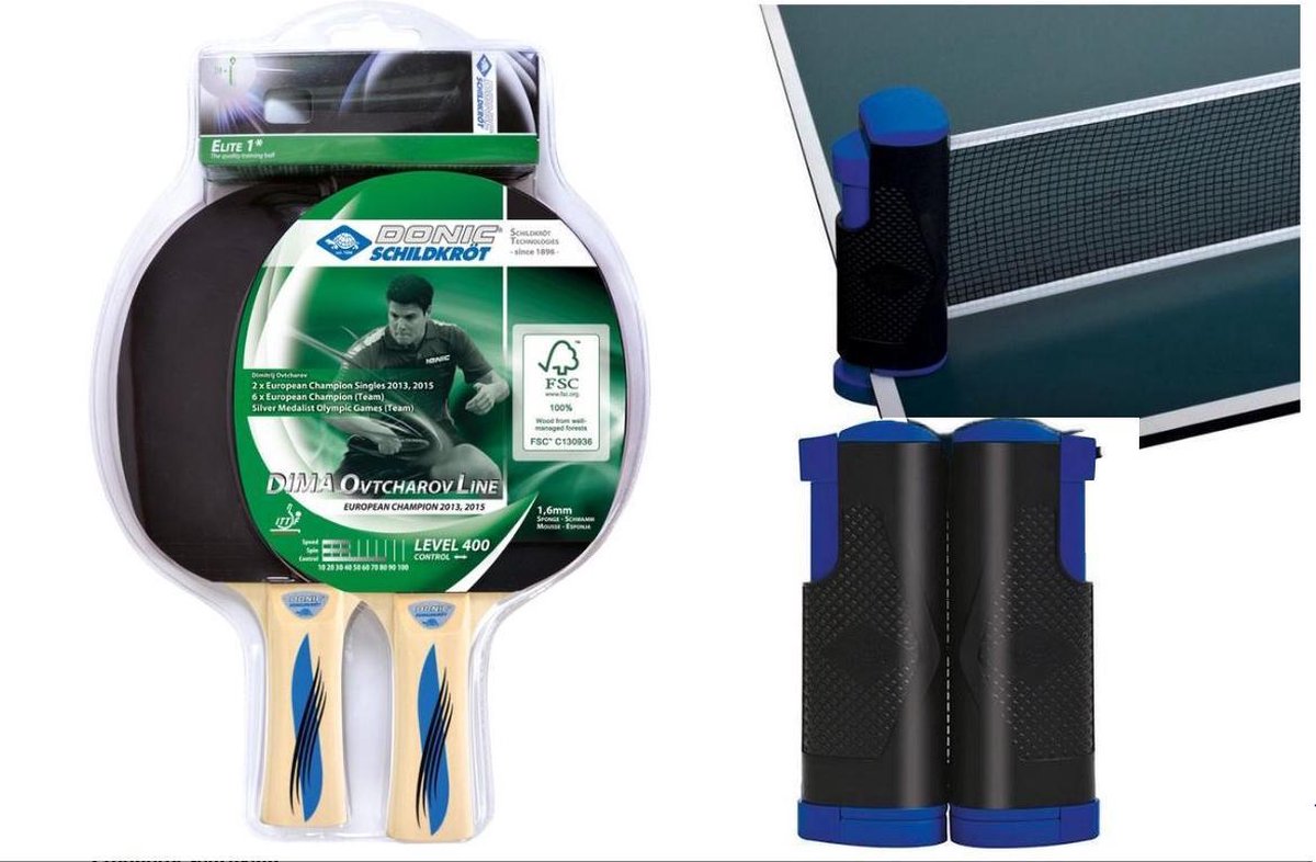 Donic Schildkröt FLEXnet set ++ | 2 Ovtcharov 400 bats | 3 Elite witte balletjes