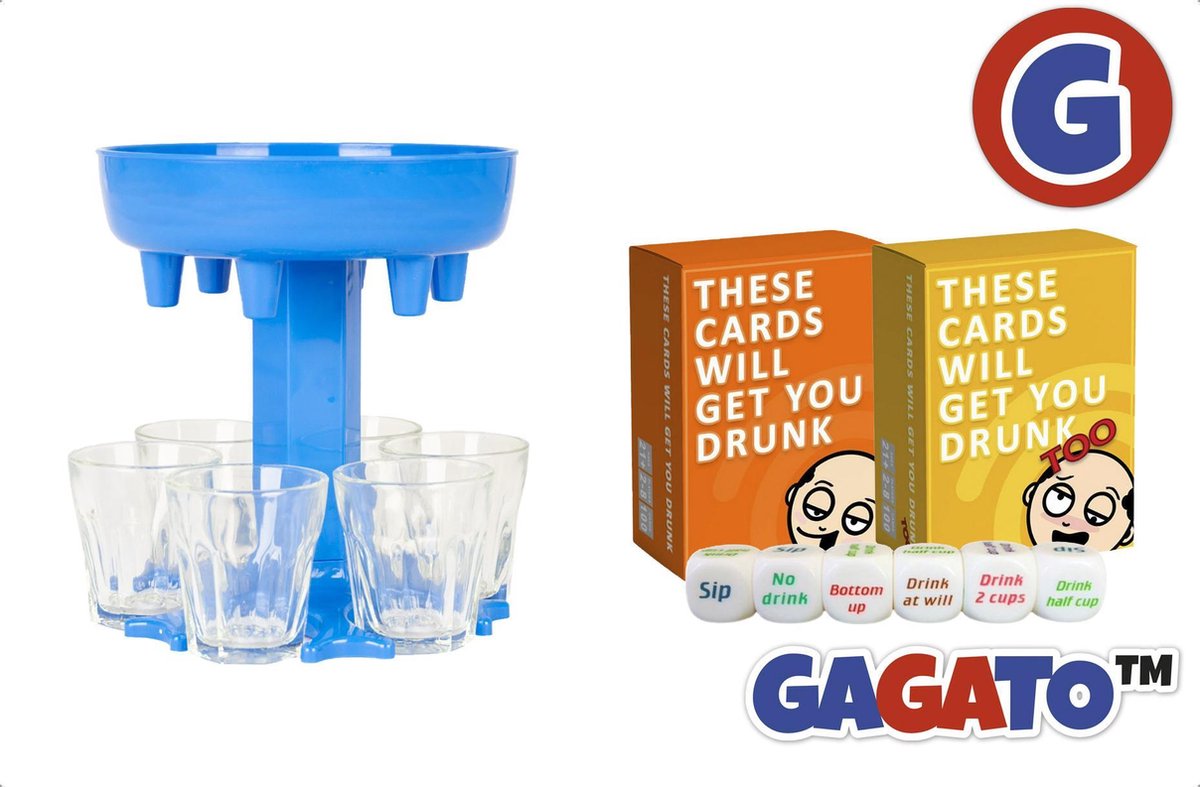Set van 2 stuks - Drankspel - These Cards Will Get You Drunk & These Cards Will Get You Drunk Too - Kaartspel - Set Kaarten – Inclusief Shot Dispenser Blauw - Inclusief Shotglaasjes - Inclusief Dobbelsteen