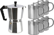 Zilveren percolator/espresso koffie apparaat met 6x RVS kopjes - Koffiezetapparaat met mokken - Koffiepercolator