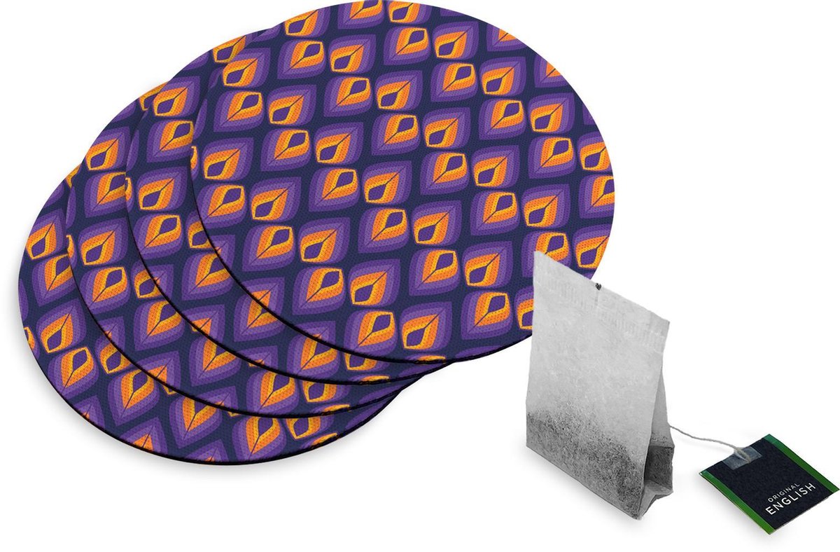 4 Rubberen Onderzetters - Design 70s Paars - Rond