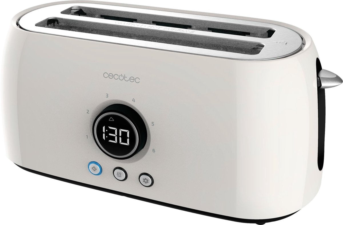 Cecotec Retro Broodrooster - Extra lang - Toaster tosti - Opwarmen en ontdooien - Opzetstuk voor broodjes - Broodroosters met kruimellade - RVS - Wit