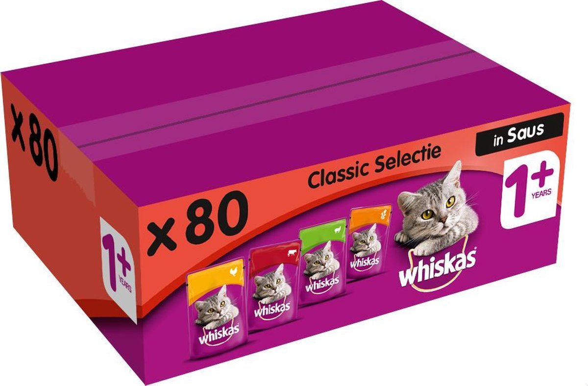 Whiskas 1+ Adult Voordeelpak Maaltijdzakjes - Vlees in Saus - Kattenvoer - 80 x 100 g