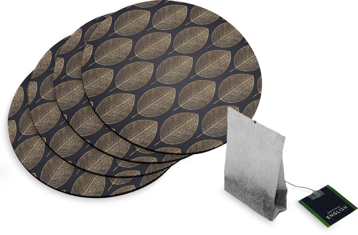 4 Rubberen Onderzetters - Design Gouden Bladeren - Rond