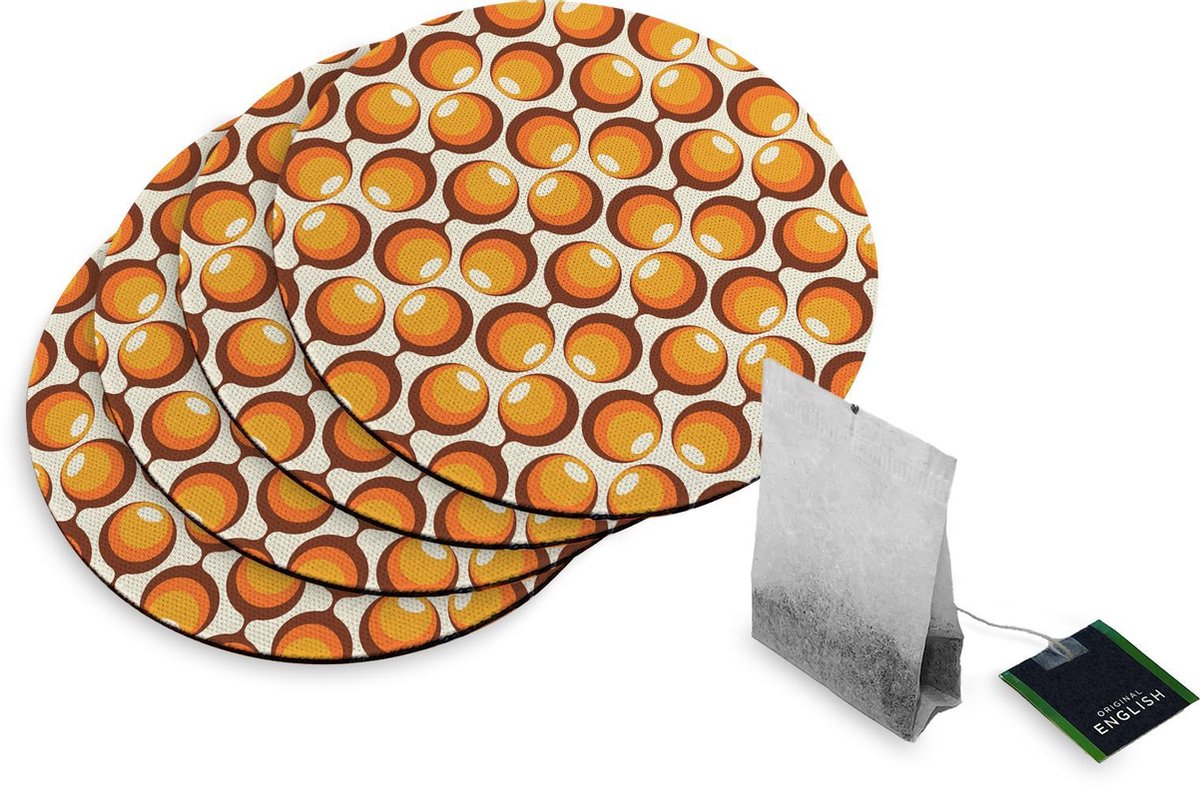 4 Rubberen Onderzetters - Design 70s Oranje - Rond