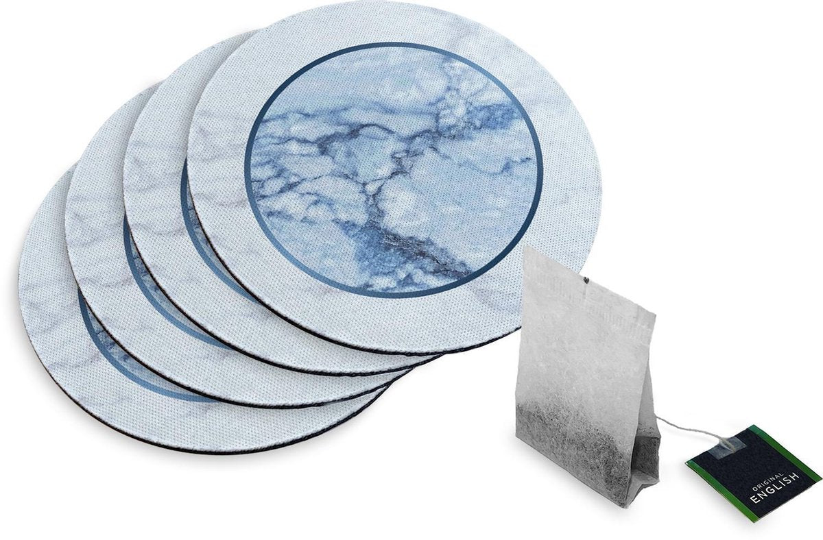 4 Rubberen Onderzetters - Design Blauw Marmer - Rond