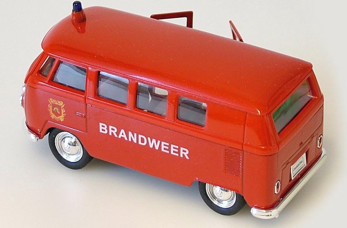 1963 Volkswagen T1 Bus (rood) Brandweer – Welly 1:34 - Samba Modelauto - Schaalmodel - Miniatuurauto