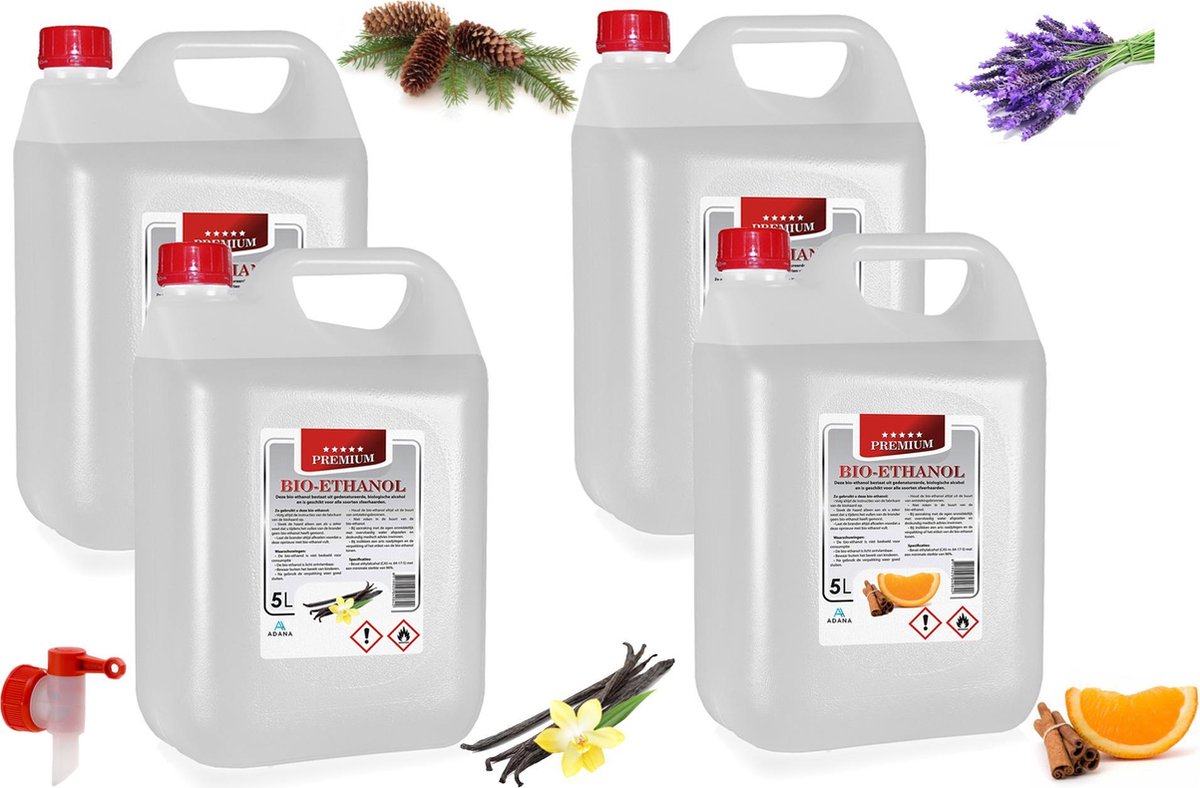 Adana®  -Set bio-ethanol van 4 verschillende geuren 5l.x4- PREMIUM -bioethanol -20 liter-incl. dopkraan