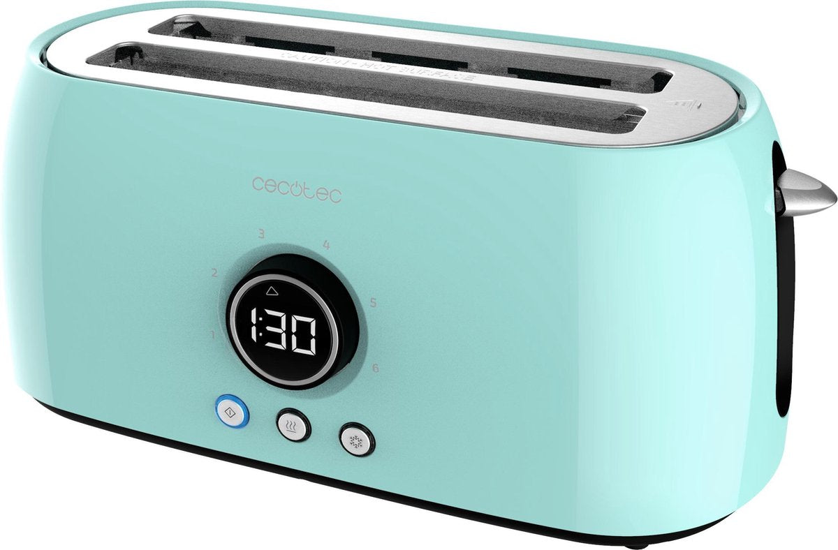 Cecotec Retro Broodrooster - Extra lang - Toaster tosti - Opwarmen en ontdooien - Opzetstuk voor broodjes - Broodroosters met kruimellade - RVS - Turquoise