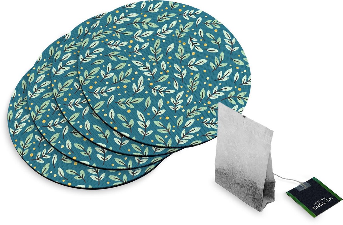 4 Rubberen Onderzetters - Design Blaadjespatroon - Rond