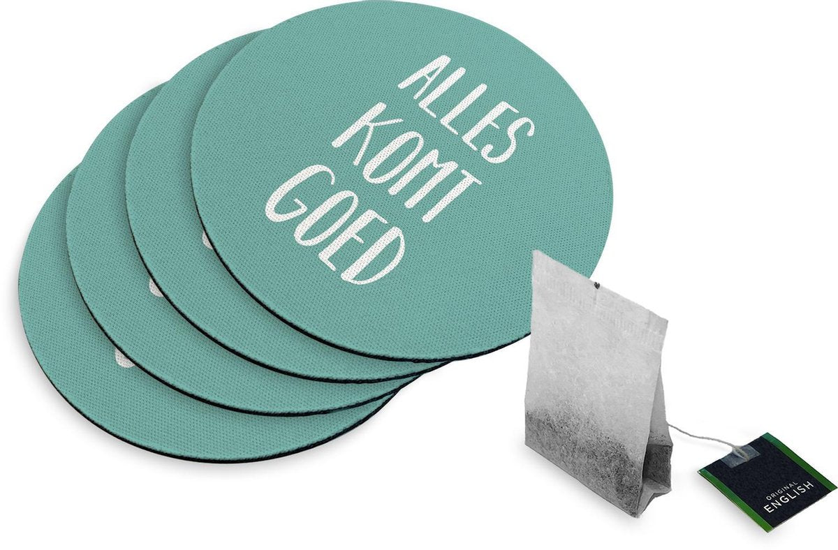 4 Rubberen Onderzetters - Design Alles Komt Goed - Rond