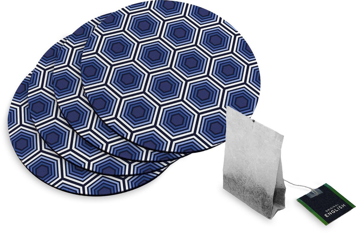 4 Rubberen Onderzetters - Blauwe Hexagons - Rond