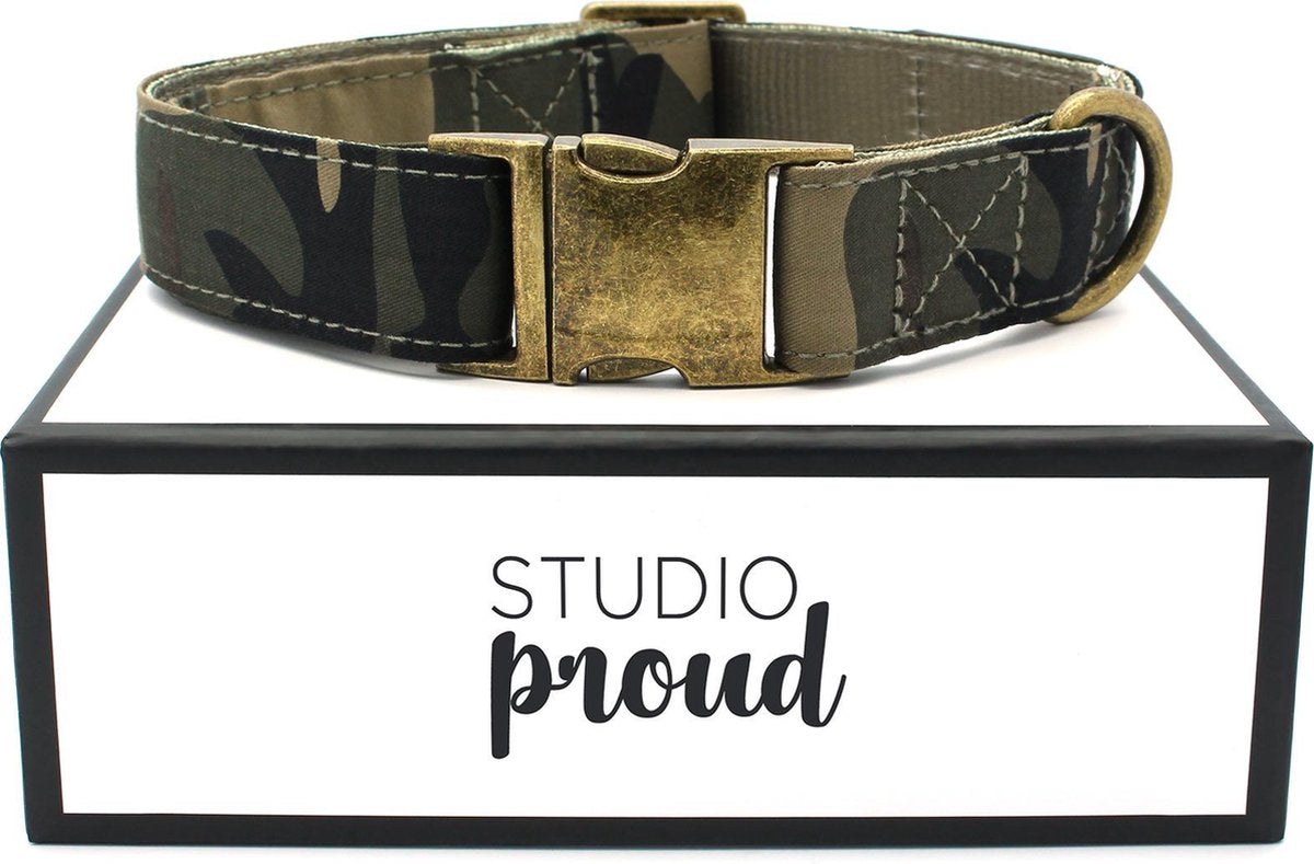 Studio Proud - Halsband - camouflage  - bronskleurige accenten - maat l - te combineren met bijpassende riem
