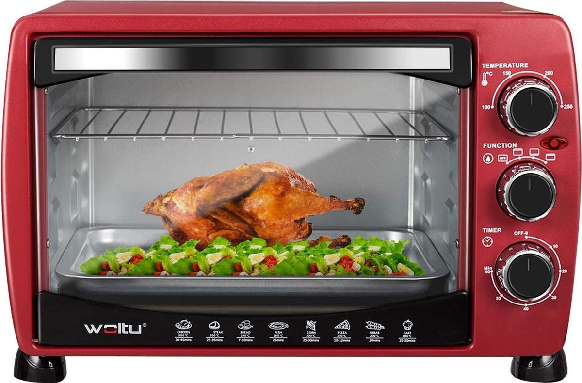 Mini-Pizzaoven Dubbele Glazen deur met Bakplaat en Braadpan met Timer 0-250 ° C 1400 W