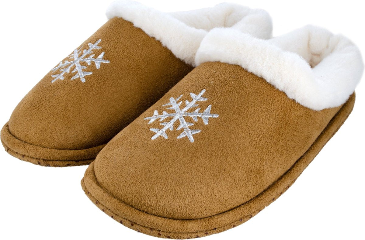 Cognac bruine pantoffels/sloffen sneeuwvlok voor dames - Huissloffen voor vrouwen - Sloffen/pantoffels 39