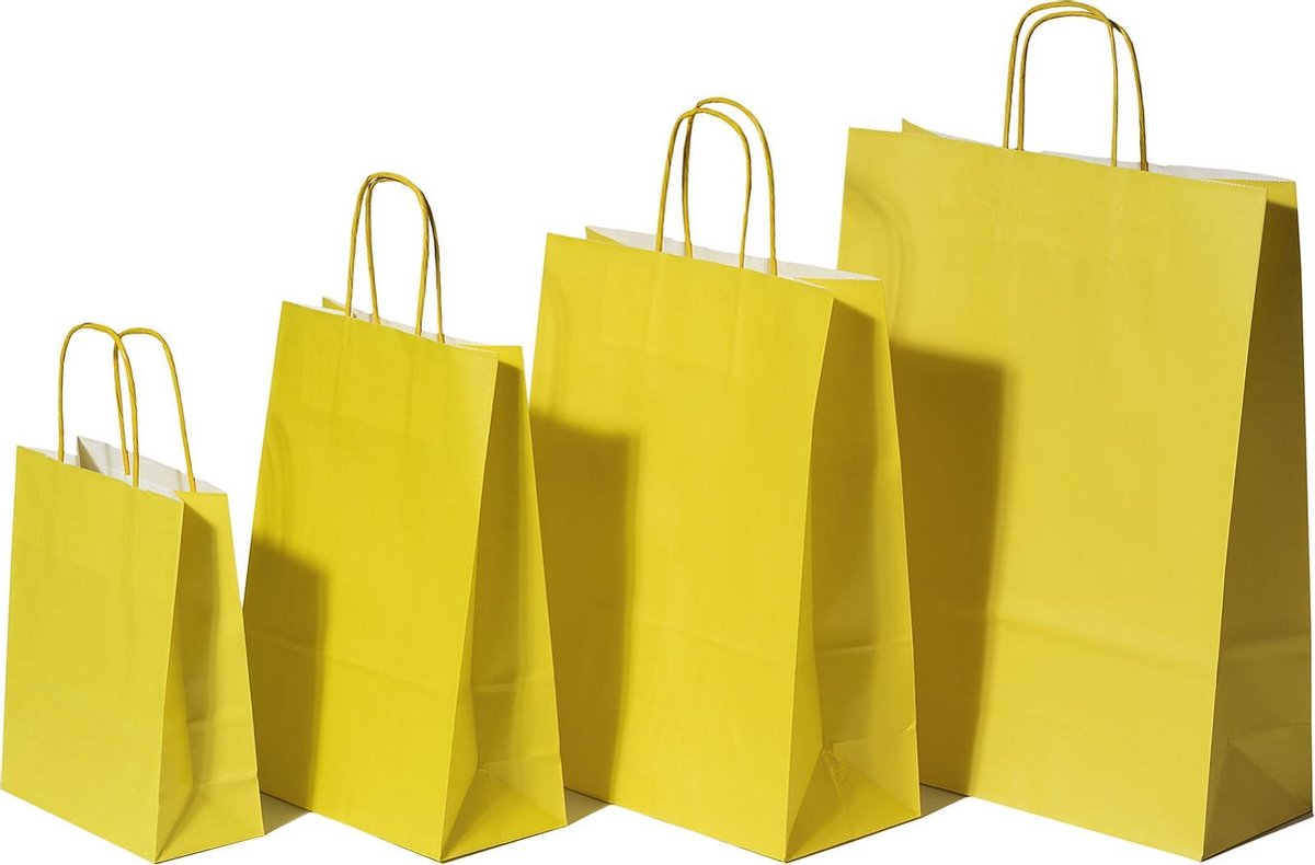 Draagtassen Papier Geel 22+10x31cm Kraft Papier 90 grams (50 stuks)