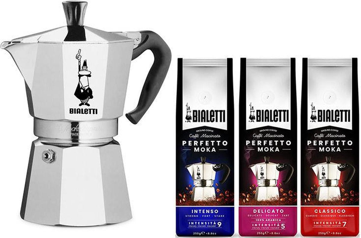 Bialetti Moka Express Percolator 6 kops + Bialetti koffiepakket