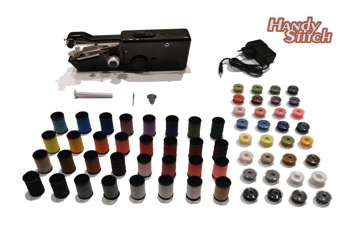 Handy Stitch - PREMIUM Handnaaimachine met Adapter + 64 Spoelen garen en accessoires - Compact - Draadloos - Draagbare reis naaimachine - Elektrisch of op Batterijen