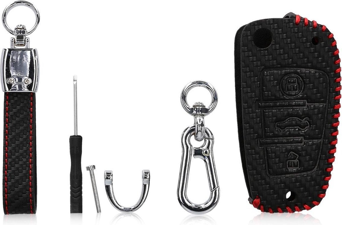 kwmobile autosleutelhoes voor Audi 3-knops autosleutel - Hoesje van imitatieleer in zwart / rood - Carbon design